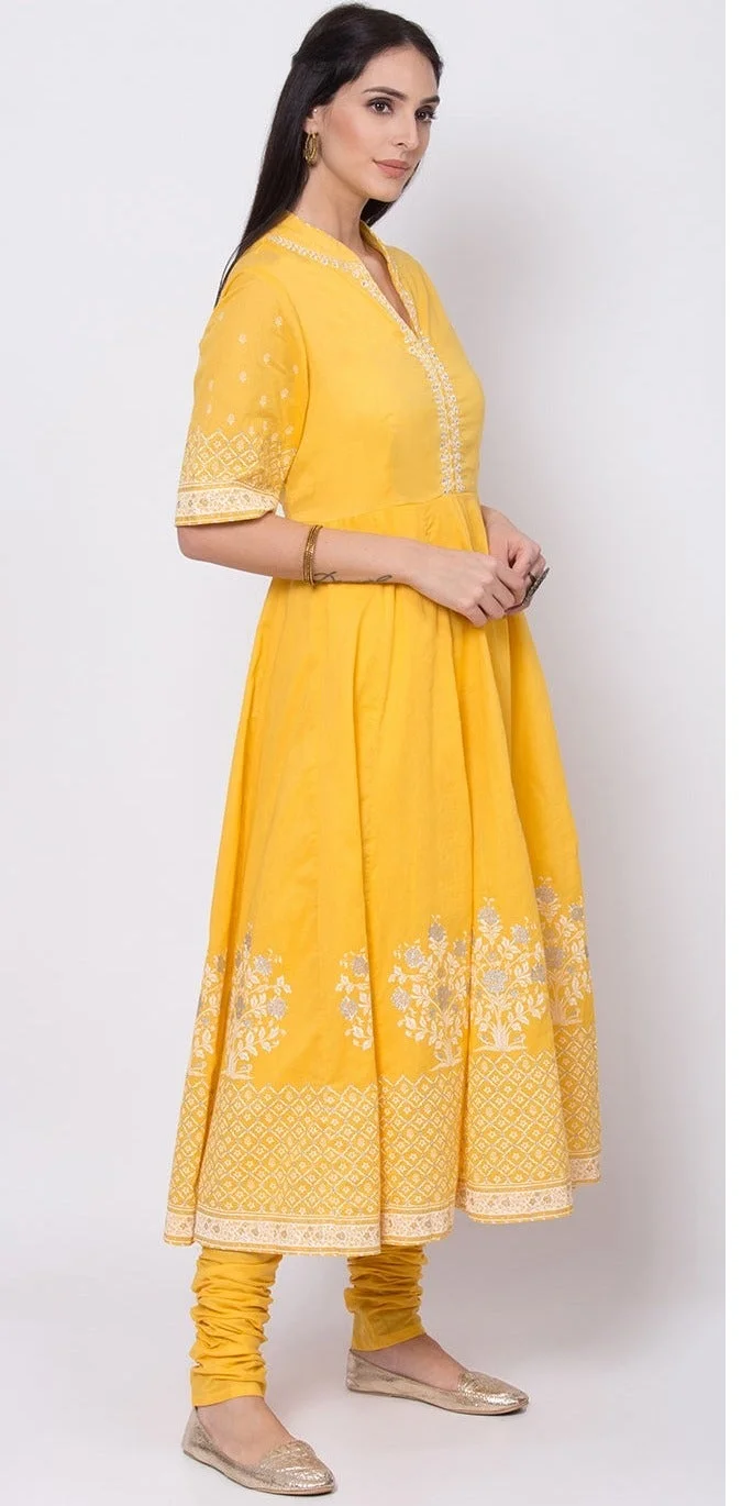 Biba  Yellow Straight Kurta Churidar Suit Set for Women | Best Price UAE
