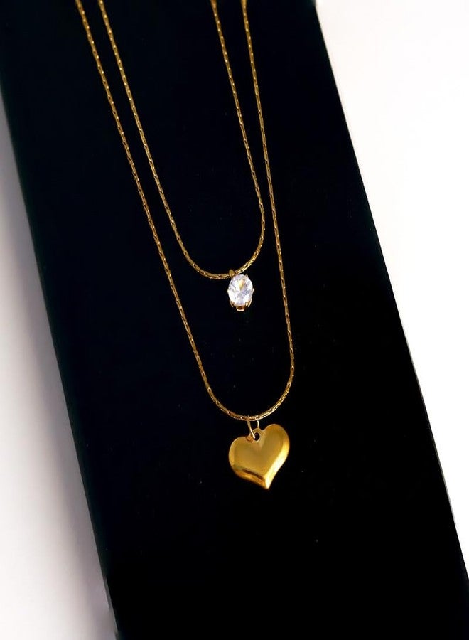 CALISTA Eternal Glow Layered Heart Necklace for Women | Gold-Plated Double Layer Necklace with Heart Charm & CZ Solitaire | Adjustable Fashion Jewellery | Daily, Party & Gifting Wear - Image 5