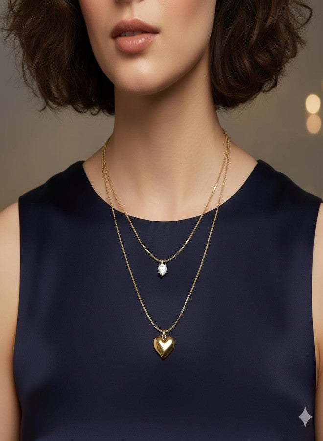 CALISTA Eternal Glow Layered Heart Necklace for Women | Gold-Plated Double Layer Necklace with Heart Charm & CZ Solitaire | Adjustable Fashion Jewellery | Daily, Party & Gifting Wear - Image 4