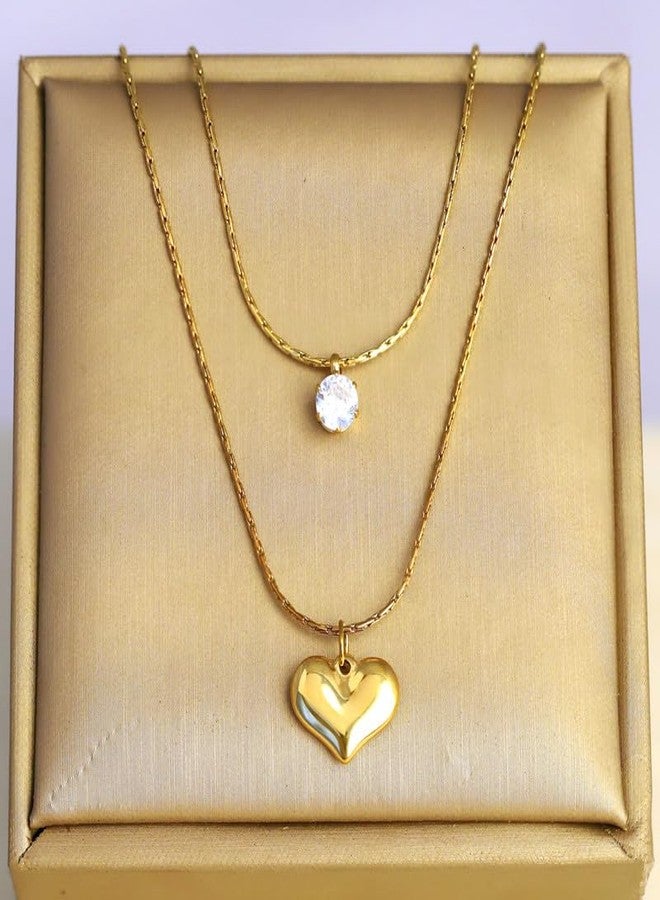 CALISTA Eternal Glow Layered Heart Necklace for Women | Gold-Plated Double Layer Necklace with Heart Charm & CZ Solitaire | Adjustable Fashion Jewellery | Daily, Party & Gifting Wear - Image 2