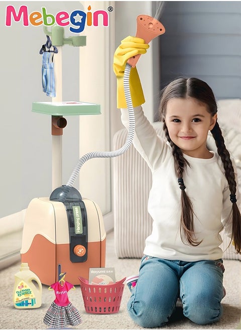 15PCS Vertical Hanging Ironing Machine Kit with Rich Accessaries, Hanging Garment Steamer Toy, Simulation Clothes Steamer, Creative Household Toy with Light and Music, Play House Toy, Ideal Gift for Kids Aged 3+