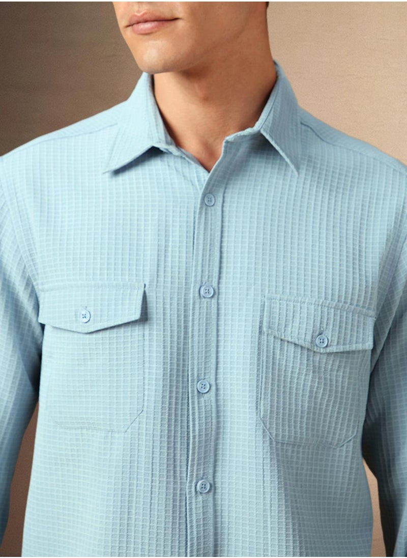 Dennis Lingo Men's Light Blue Cotton Blend Textured Shirt  - Image 4