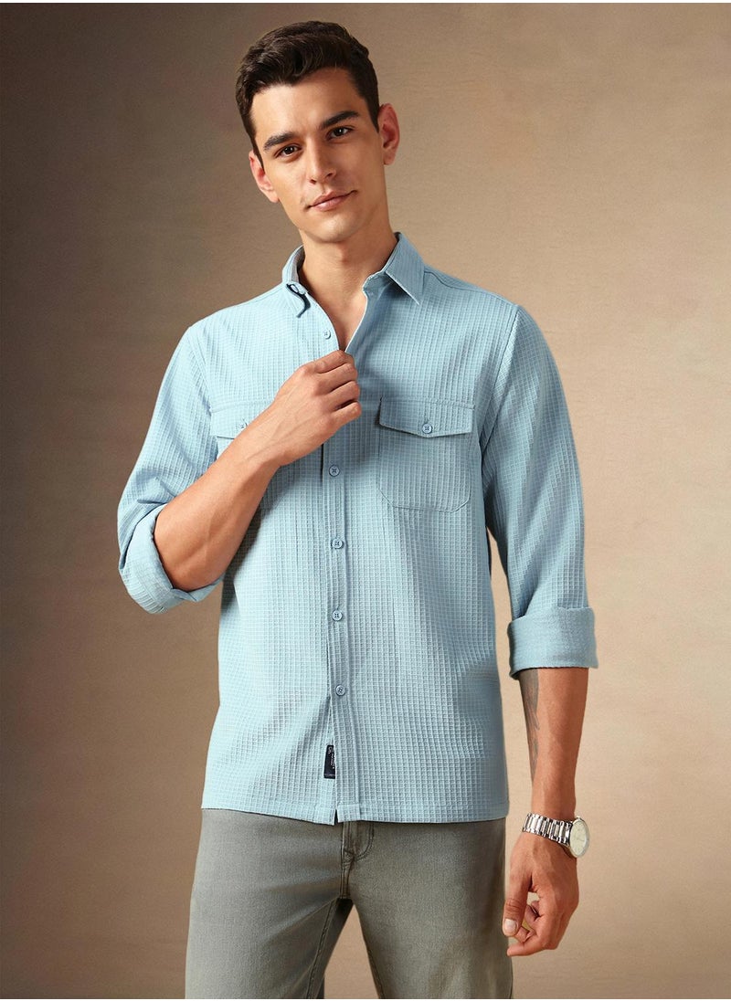 Dennis Lingo Men's Light Blue Cotton Blend Textured Shirt  - Image 1