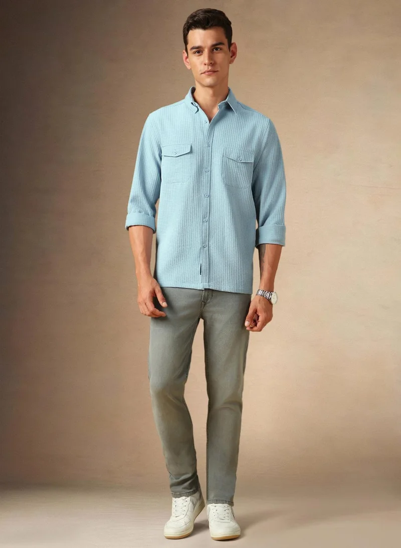 Dennis Lingo Men's Light Blue Cotton Blend Textured Shirt