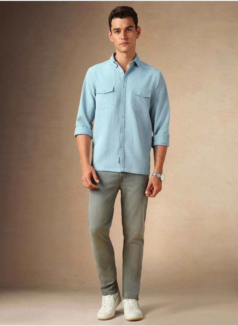 Dennis Lingo Men's Light Blue Cotton Blend Textured Shirt  - Image 5
