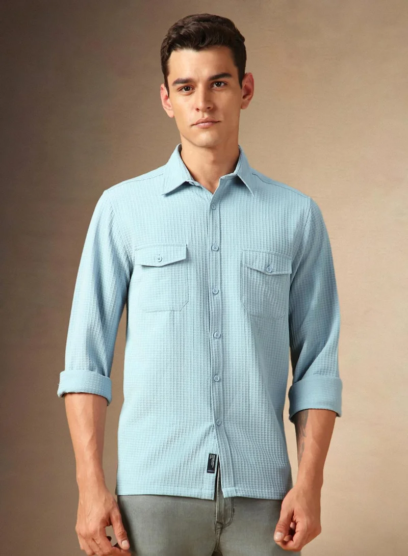 Dennis Lingo Men's Light Blue Cotton Blend Textured Shirt