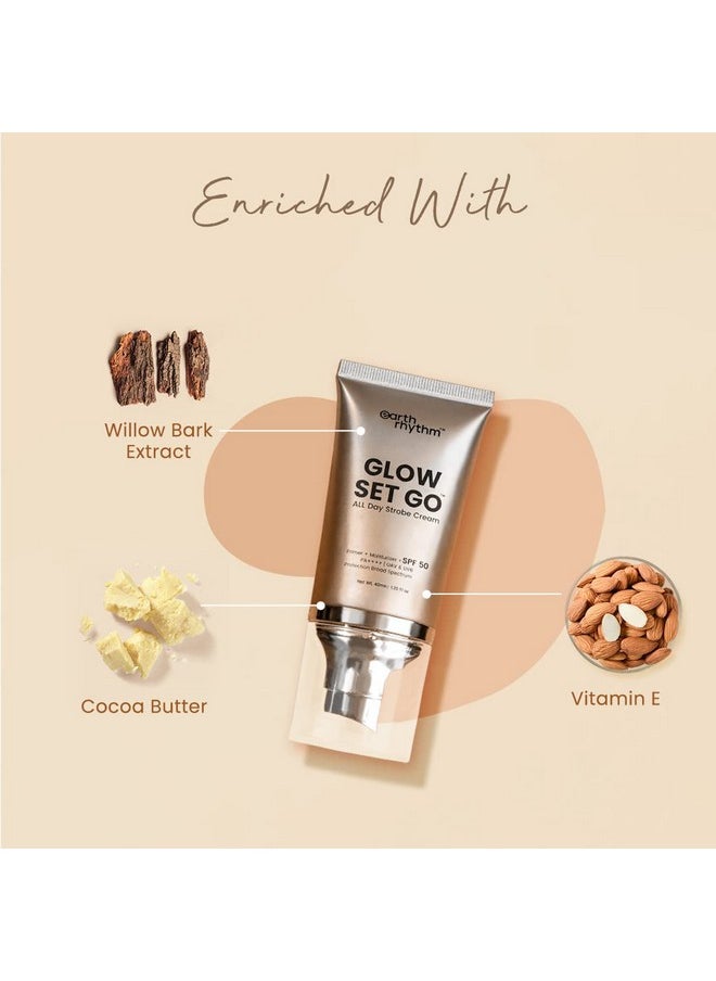 ايرث ريثم - كريم ستروب متعدد الأغراض Glow Set Go SPF 50 Pa++++ | يستخدم كمرطب وبرايمر وهايلايتر | زبدة الكاكاو وفيتامين E - Pearly Glow - 40 مل - Image 1