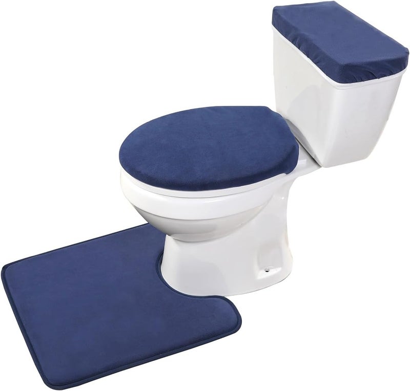 Madeals Memory Foam Toilet Mat and Velvet Toilet lid Cover Set with Toilet Tank Cover Velvet 3 Piece Toilet Set Navy Blue - Image 2