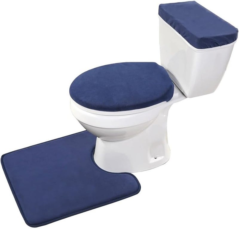 Madeals Memory Foam Toilet Mat and Velvet Toilet lid Cover Set with Toilet Tank Cover Velvet 3 Piece Toilet Set Navy Blue - Image 1