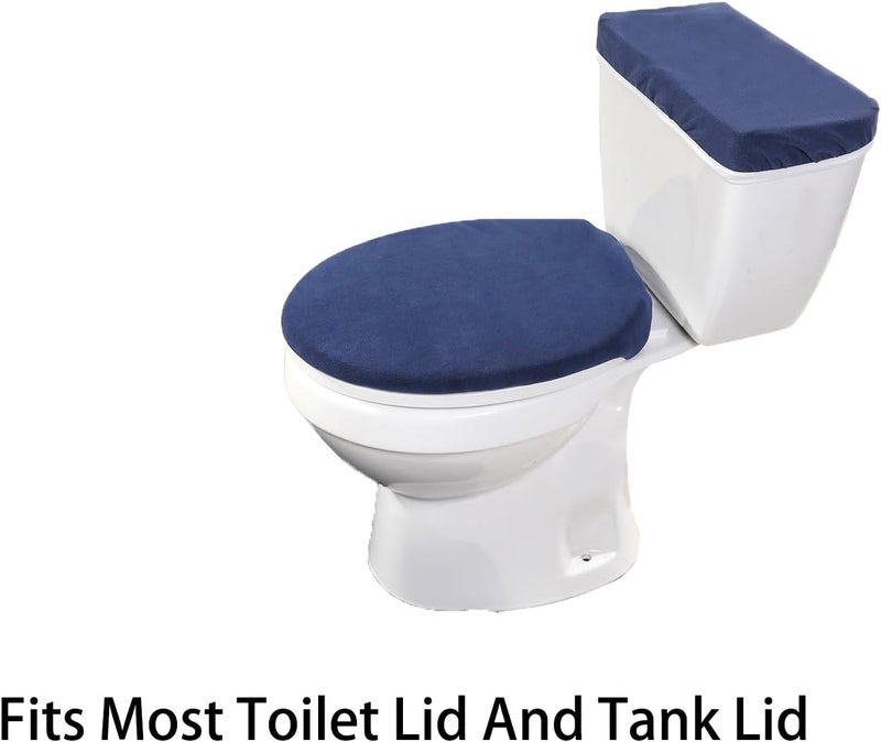 Madeals Memory Foam Toilet Mat and Velvet Toilet lid Cover Set with Toilet Tank Cover Velvet 3 Piece Toilet Set Navy Blue - Image 4
