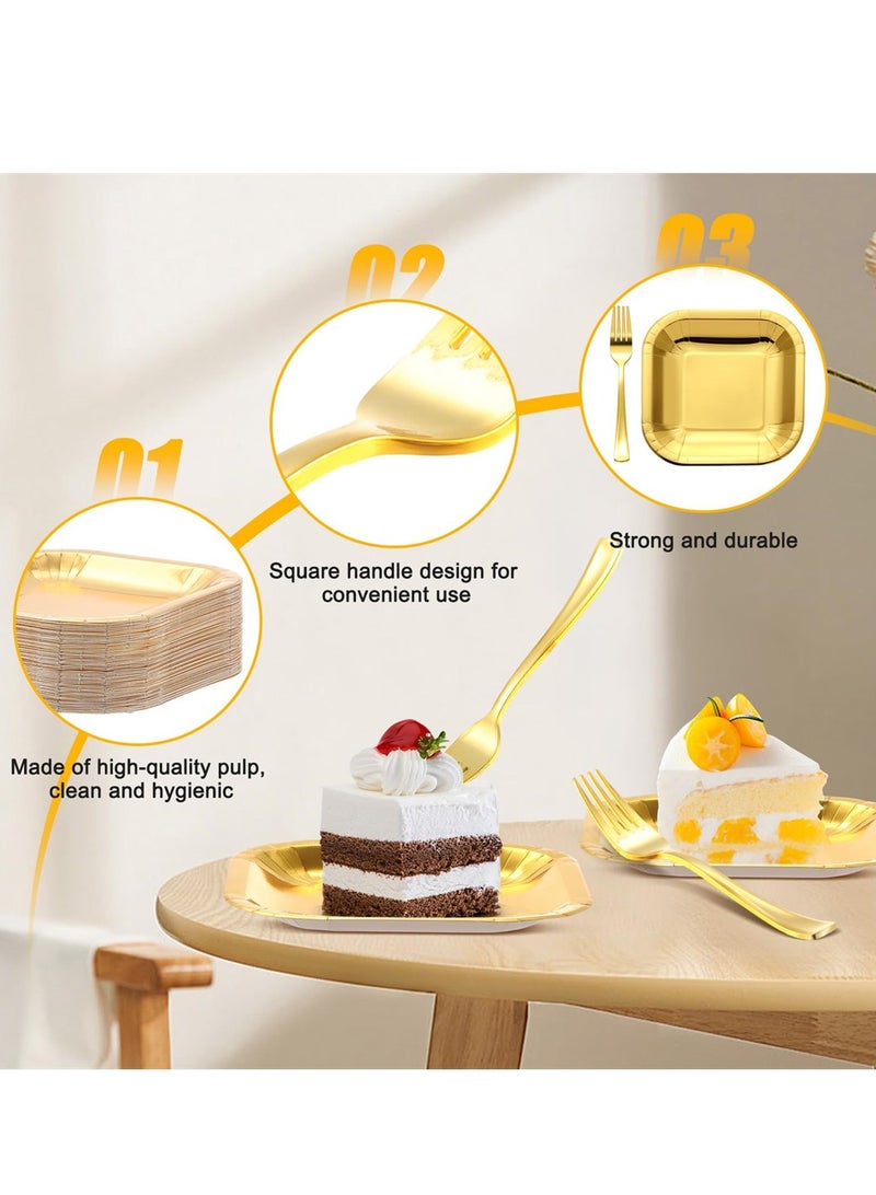 SYOSI Disposable Party Dinnerware Set, 7 in Square Disposable Gold Paper Plates with 7.28 in Gold Plastic Forks, Heavy Duty Paper Plates, Gold Dinnerware Set for Party Supplies Wedding (100 Pcs)  - Image 4