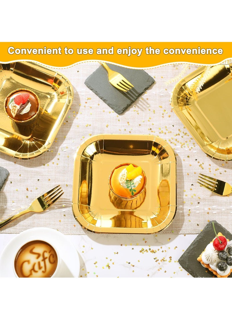 SYOSI Disposable Party Dinnerware Set, 7 in Square Disposable Gold Paper Plates with 7.28 in Gold Plastic Forks, Heavy Duty Paper Plates, Gold Dinnerware Set for Party Supplies Wedding (100 Pcs)  - Image 5