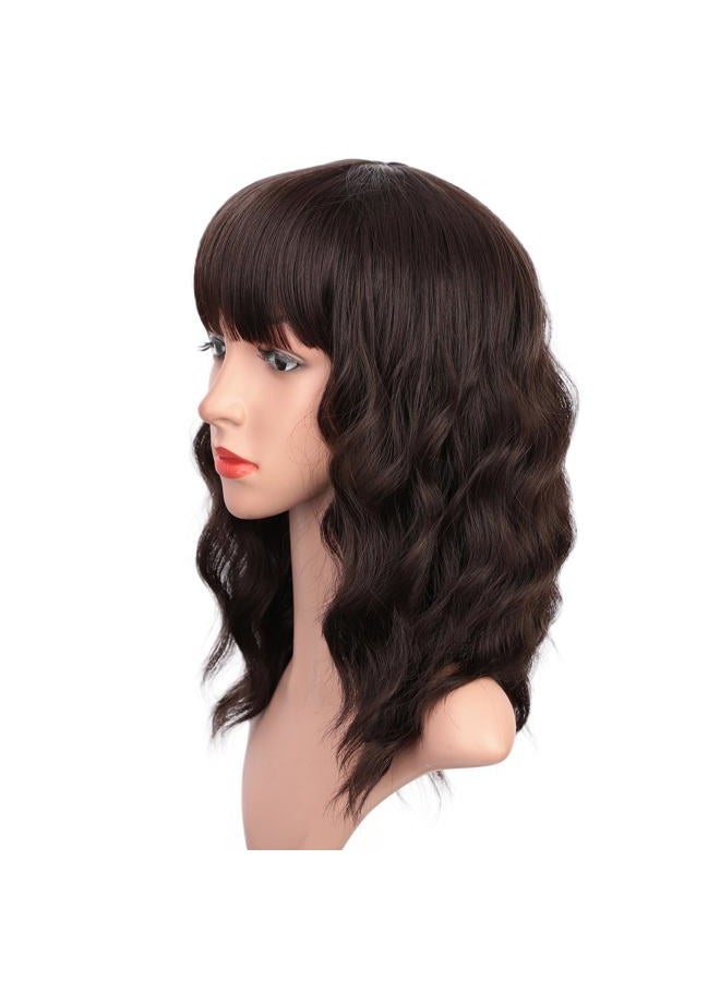 ENTRANCED STYLES Short Dark Brown Wigs for Women Wavy Bob Wig with Bangs Women's Shoulder Length Synthetic Curly Pastel Bob Wig for Girl Colorful Cosplay Wigs - Image 2