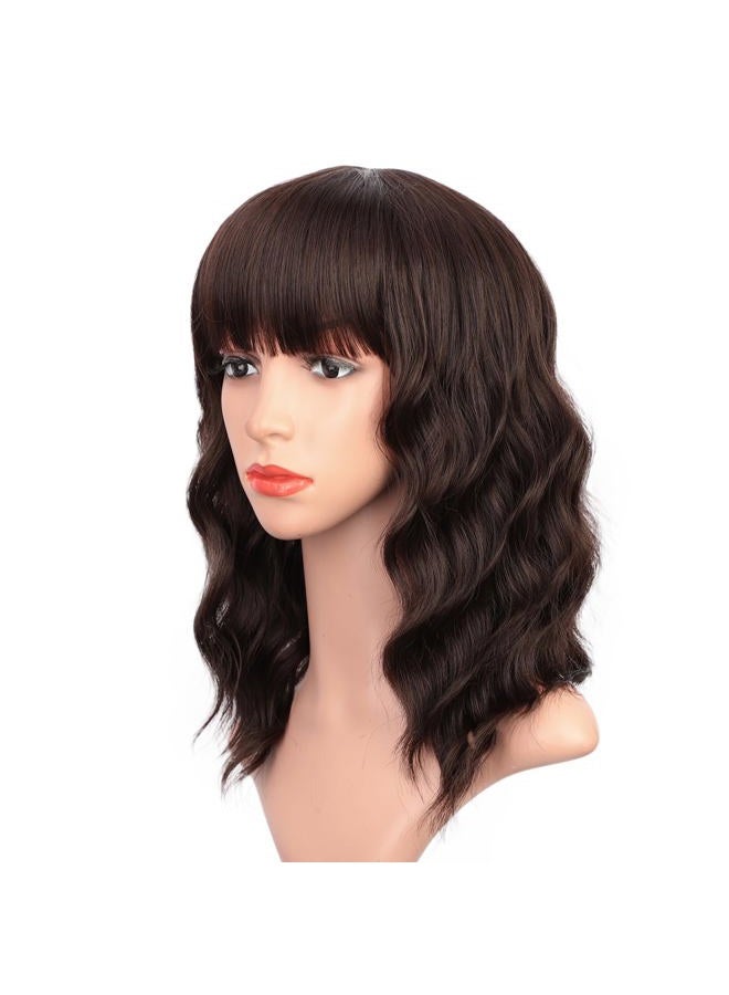 ENTRANCED STYLES Short Dark Brown Wigs for Women Wavy Bob Wig with Bangs Women's Shoulder Length Synthetic Curly Pastel Bob Wig for Girl Colorful Cosplay Wigs - Image 1