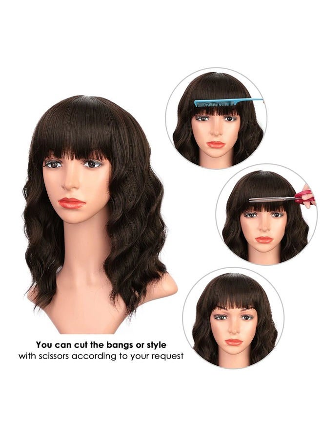 ENTRANCED STYLES Short Dark Brown Wigs for Women Wavy Bob Wig with Bangs Women's Shoulder Length Synthetic Curly Pastel Bob Wig for Girl Colorful Cosplay Wigs - Image 4