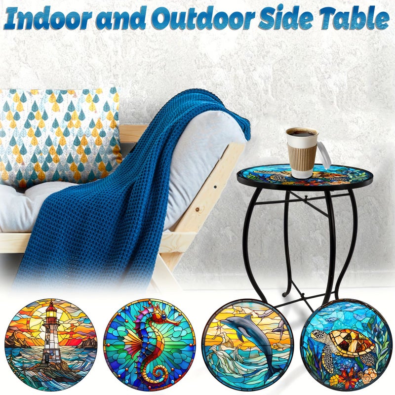 12 Inch Round Glass Top Side Table With Lighthouse Base 17 Inch Tall Patio Bistro Table For Outdoor Balcony Poolside Indoor Coffee End Table Decorative Accent Table Commercial Use - Image 1