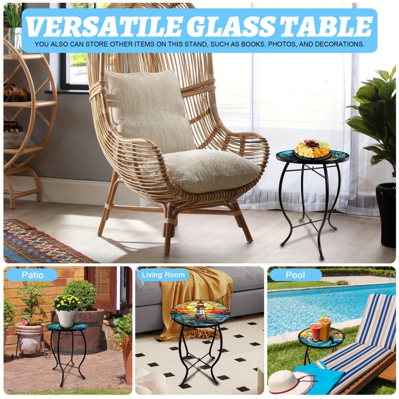 12 Inch Round Glass Top Side Table With Lighthouse Base 17 Inch Tall Patio Bistro Table For Outdoor Balcony Poolside Indoor Coffee End Table Decorative Accent Table Commercial Use - Image 4