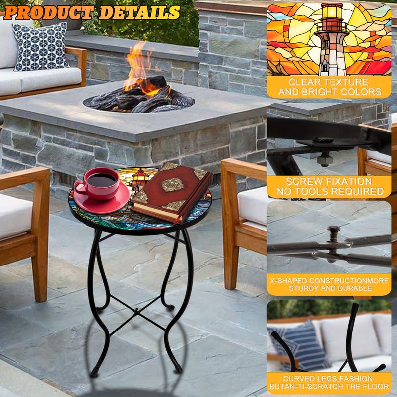 12 Inch Round Glass Top Side Table With Lighthouse Base 17 Inch Tall Patio Bistro Table For Outdoor Balcony Poolside Indoor Coffee End Table Decorative Accent Table Commercial Use - Image 2