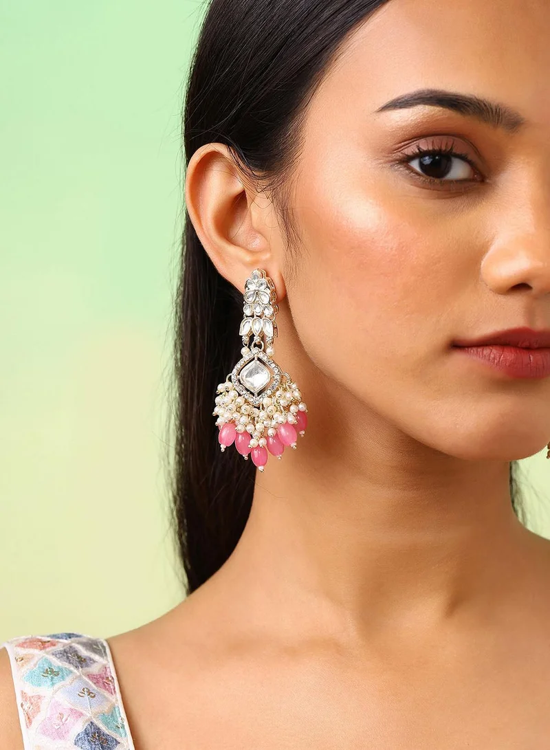 آي شين Geometric Elegance Kundan Warm Metallic Plated Beaded Pink Beads Drop Earrings