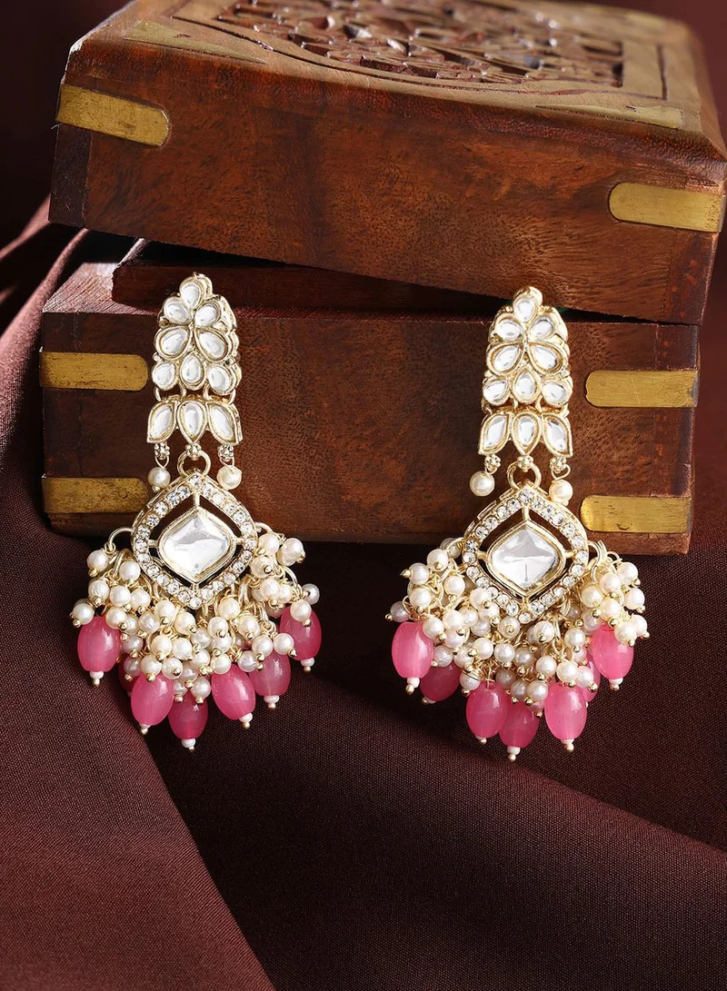 آي شين Geometric Elegance Kundan Warm Metallic Plated Beaded Pink Beads Drop Earrings