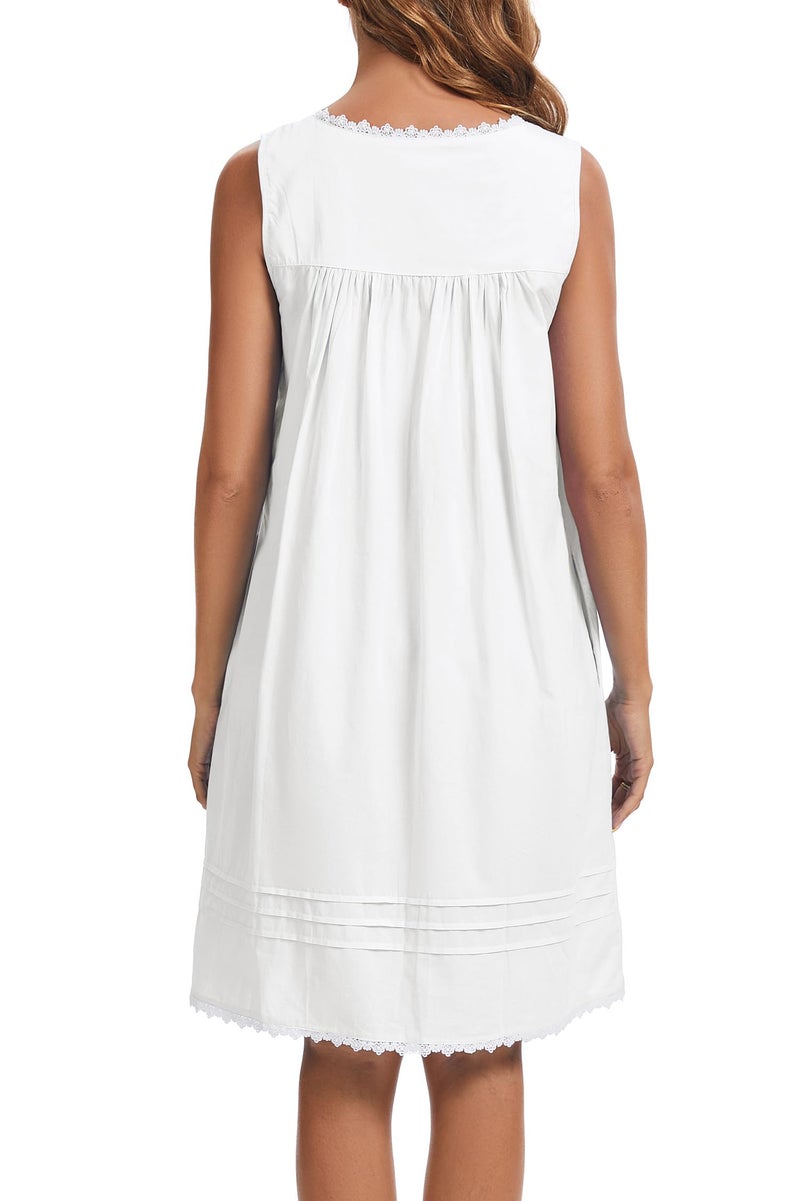 AVIIER 100% Cotton Nightgowns for Women Sleeveless Night Gown with Pockets White M - Image 4
