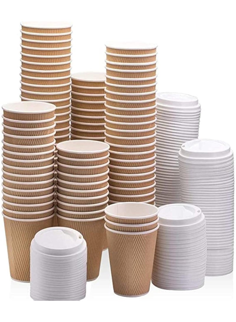 MARKQ [25 Sets] 12 oz. Brown Disposable Ripple Insulated Coffee Cups with Lids - Hot Beverage Corrugated Paper Cups  - Image 1