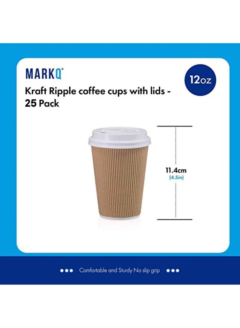 MARKQ [25 Sets] 12 oz. Brown Disposable Ripple Insulated Coffee Cups with Lids - Hot Beverage Corrugated Paper Cups  - Image 2