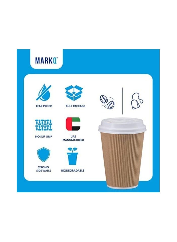 MARKQ [25 Sets] 12 oz. Brown Disposable Ripple Insulated Coffee Cups with Lids - Hot Beverage Corrugated Paper Cups  - Image 3