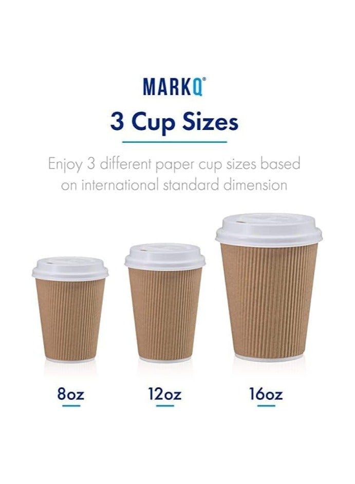 MARKQ [25 Sets] 12 oz. Brown Disposable Ripple Insulated Coffee Cups with Lids - Hot Beverage Corrugated Paper Cups  - Image 4