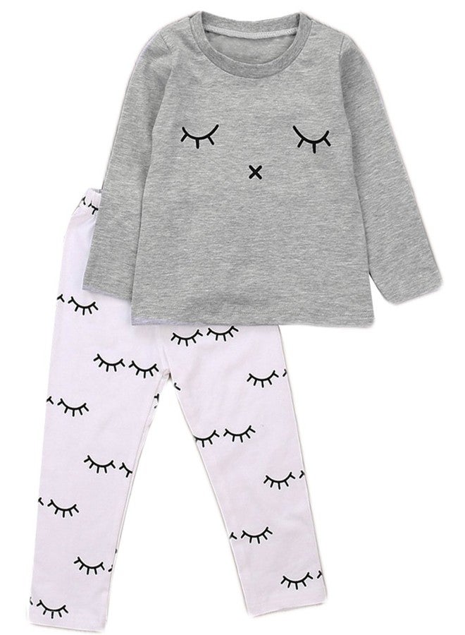 stylesilove Baby Girl Lovely Eyelash Pattern Printed Cotton Long Sleeve Top and Pants 2 pcs Outfit (70/3-6 Months) Grey - Image 1