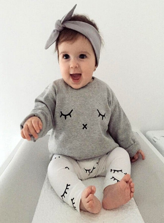 stylesilove Baby Girl Lovely Eyelash Pattern Printed Cotton Long Sleeve Top and Pants 2 pcs Outfit (70/3-6 Months) Grey - Image 3