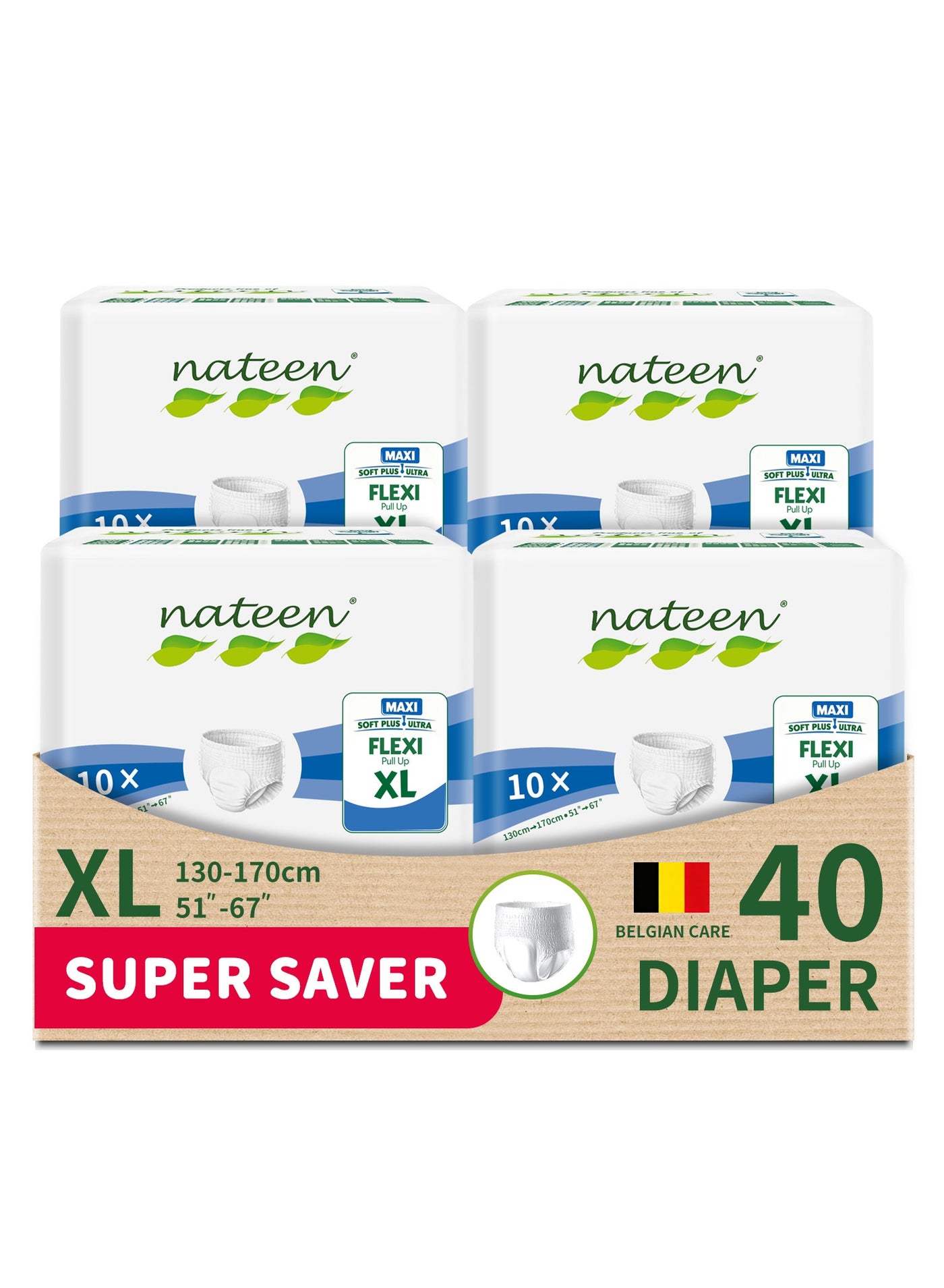 nateen Flexi Maxi Adult Diapers Pants,Incontinence Night Time Pull Up,Extra Large,Waist Size 130-170Cm,40 Count Adult Pull Ups,Superior Comfort,Excellent Combination Of Protection. (40 Count)
