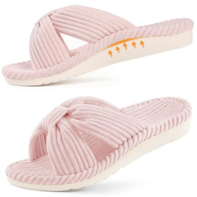 Litfun Orthopedic Arch Support Slippers for Women Comfortable Open Toe Indoor House Slippers Corduroy Cross Bow Bedroom Shoes for Plantar Fasciitis - Image 1