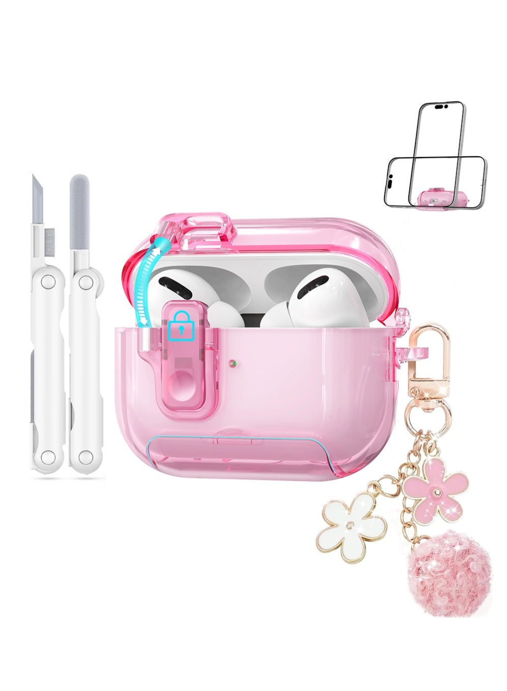 X-level Airpods Pro 3 Case Cover Pink with Lock&Bling Keychain for Women&Girly,Cute Soft TPU Clear Cases Cove for Airpods Pro 3 Case with Cleaning Kit,Phone Holder Function