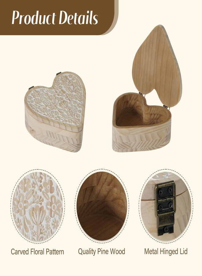 Synovana Heart Shaped Wooden Box with Hinged Lid, Decorative Box with Carved Flower, Wood Container Storage Box for Jewelry Trinket Keepsake Treasure, 8 x 7 x 3 Inches, Distressed White - Image 2