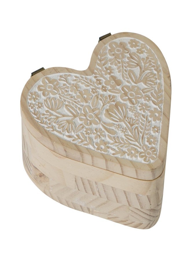 Synovana Heart Shaped Wooden Box with Hinged Lid, Decorative Box with Carved Flower, Wood Container Storage Box for Jewelry Trinket Keepsake Treasure, 8 x 7 x 3 Inches, Distressed White - Image 1