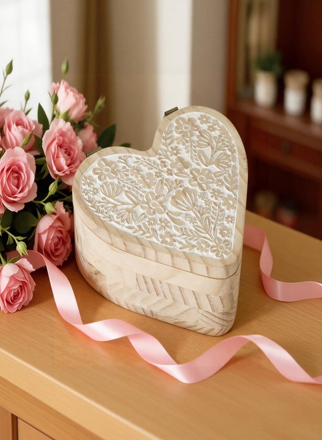 Synovana Heart Shaped Wooden Box with Hinged Lid, Decorative Box with Carved Flower, Wood Container Storage Box for Jewelry Trinket Keepsake Treasure, 8 x 7 x 3 Inches, Distressed White - Image 5