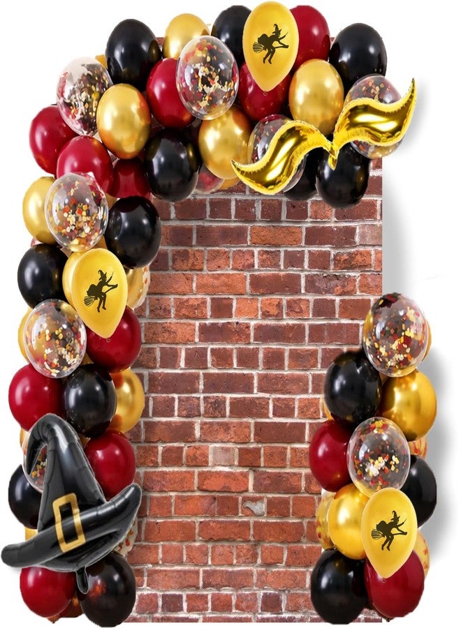 IndoTribe 45 Pcs Magical Wizard Balloons Brick Wall Backdrop 6x4ft Happy Birthday Banner Wizard Party Decorations Burgundy Mustard Yellow Black Metallic Gold Confetti Balloons Hat Balloons with Stickers - Image 1