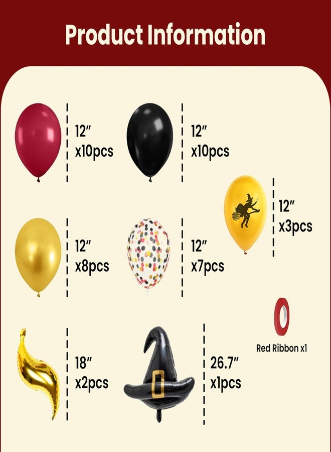 IndoTribe 45 Pcs Magical Wizard Balloons Brick Wall Backdrop 6x4ft Happy Birthday Banner Wizard Party Decorations Burgundy Mustard Yellow Black Metallic Gold Confetti Balloons Hat Balloons with Stickers - Image 4