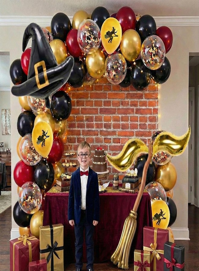 IndoTribe 45 Pcs Magical Wizard Balloons Brick Wall Backdrop 6x4ft Happy Birthday Banner Wizard Party Decorations Burgundy Mustard Yellow Black Metallic Gold Confetti Balloons Hat Balloons with Stickers - Image 5