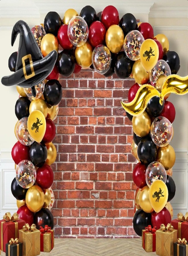 IndoTribe 45 Pcs Magical Wizard Balloons Brick Wall Backdrop 6x4ft Happy Birthday Banner Wizard Party Decorations Burgundy Mustard Yellow Black Metallic Gold Confetti Balloons Hat Balloons with Stickers - Image 3