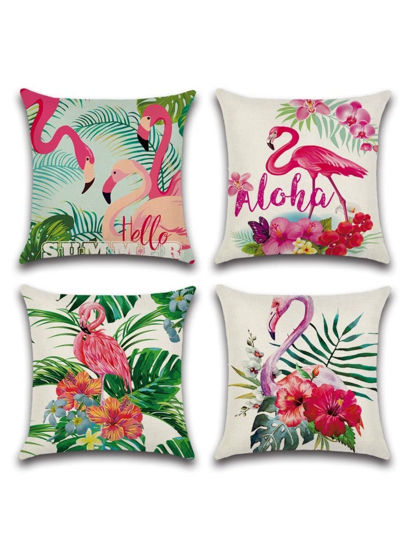 KASTWAVE Throw Pillow Covers Set of 4 Flamingo Pattern Tropical Flower Leaves Cotton Linen Cushion Pillow Cases Covers for Bed Chair Couch Sofa Bedroom Living Room Home Decor (18*18 inch, 4 Kinds of Patterns) - Image 1