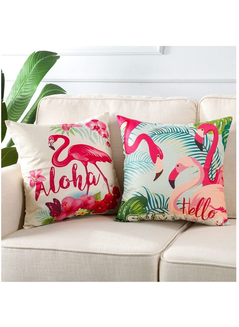 KASTWAVE Throw Pillow Covers Set of 4 Flamingo Pattern Tropical Flower Leaves Cotton Linen Cushion Pillow Cases Covers for Bed Chair Couch Sofa Bedroom Living Room Home Decor (18*18 inch, 4 Kinds of Patterns) - Image 2