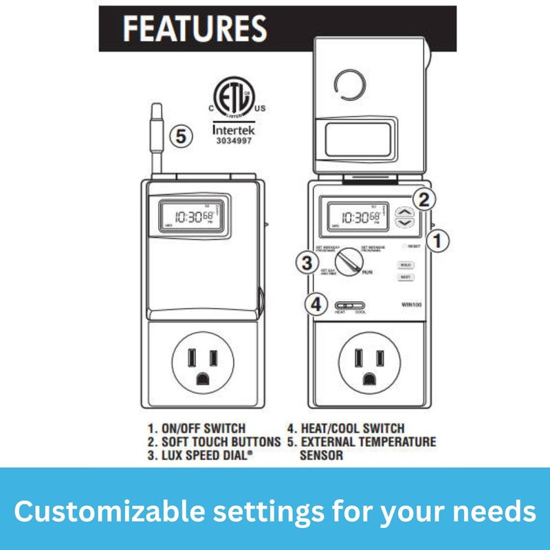 Lux WIN100 Programmable 5-2 Day Thermostat; Plug-in Line Voltage; Batteries Included - Image 5