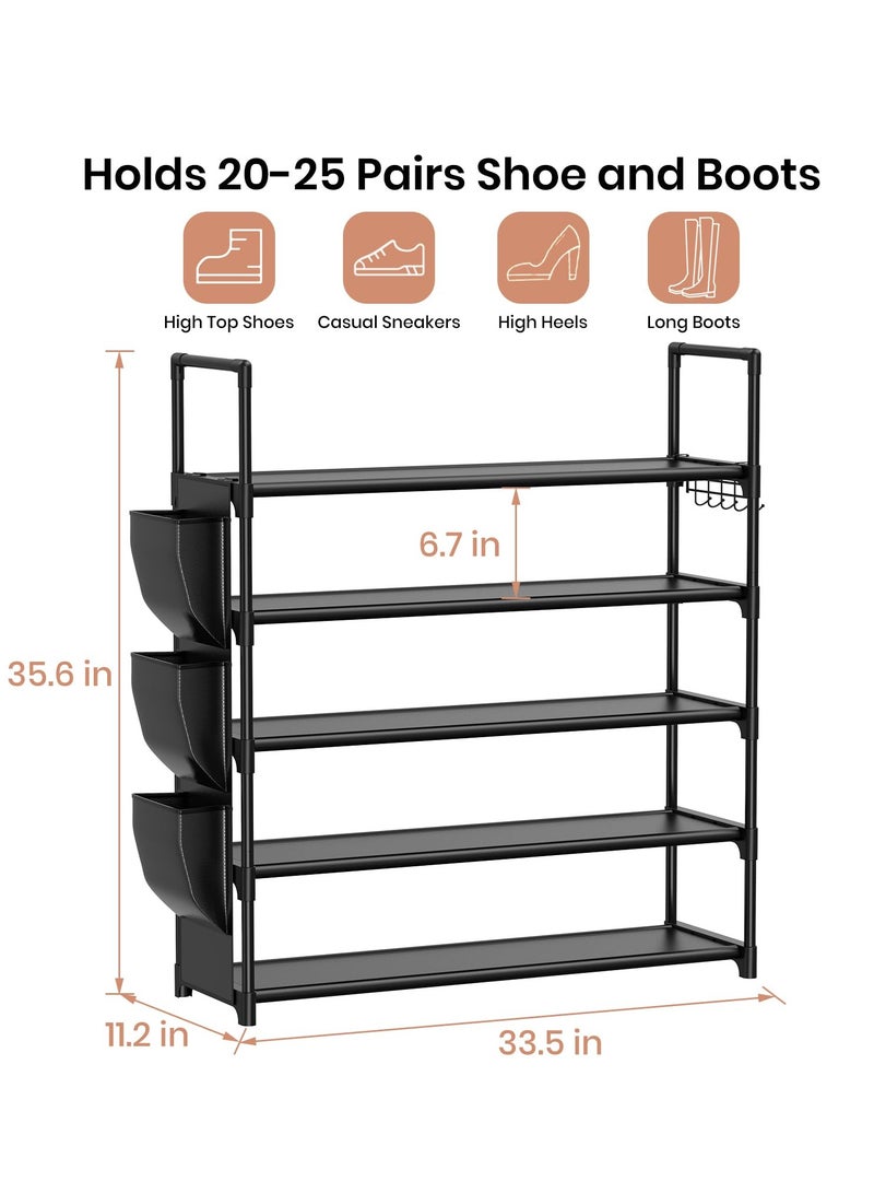 Anmi 5 Tier Shoe Rack with Hook and Side Pocket,Shoe Organizer Space Saver Storage for 20-25 Pair Shoe Storage Shelf Sturdy Free Standing Long Shoe Rack Organizer for Closet,Entryway,Small Spaces - Image 3