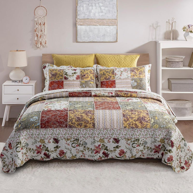 YAYIDAY Oversized Queen Bedspreads Patchwork Quilt Set 110x118 Inch  100 Cotton Reversible Breathable Red Multicolor Quilted Coverlet with Pillow Shams for All Seasons