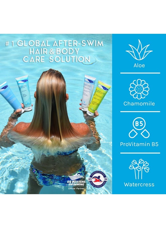 تريسويم مجموعة هدايا TRISWIM، عبوة قيمة من 4 قطع + حقيبة شبكية، طقم سفر للعناية بالسباحة، غسول للجسم لإزالة الكلور + شامبو وبلسم للسباحين، 8.5 أونصة سائلة لبشرة رطبة وشعر صحي  - Image 2