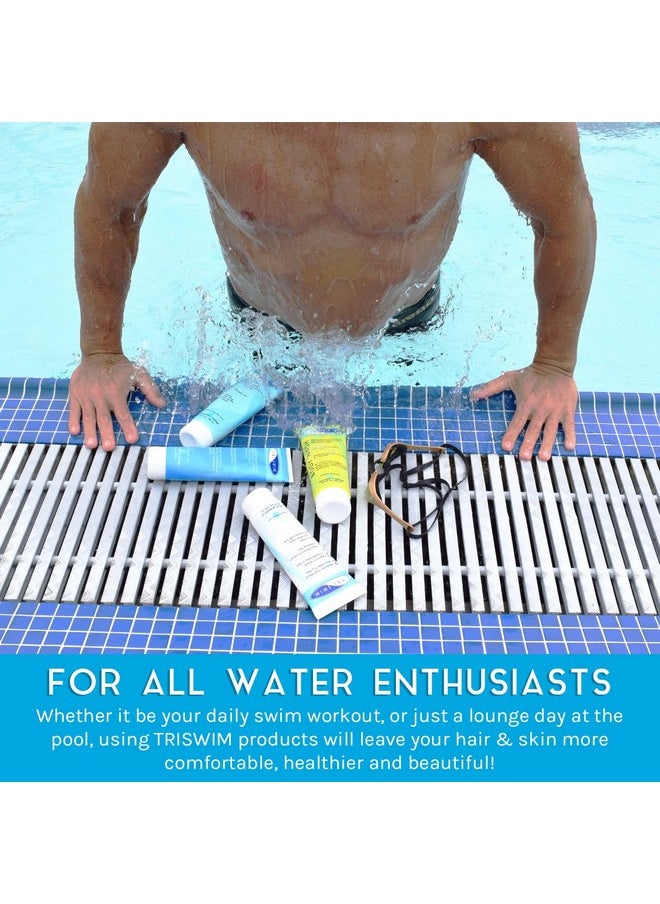 تريسويم مجموعة هدايا TRISWIM، عبوة قيمة من 4 قطع + حقيبة شبكية، طقم سفر للعناية بالسباحة، غسول للجسم لإزالة الكلور + شامبو وبلسم للسباحين، 8.5 أونصة سائلة لبشرة رطبة وشعر صحي  - Image 3