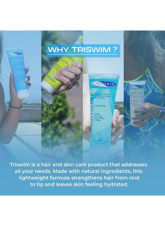 تريسويم مجموعة هدايا TRISWIM، عبوة قيمة من 4 قطع + حقيبة شبكية، طقم سفر للعناية بالسباحة، غسول للجسم لإزالة الكلور + شامبو وبلسم للسباحين، 8.5 أونصة سائلة لبشرة رطبة وشعر صحي  - Image 5