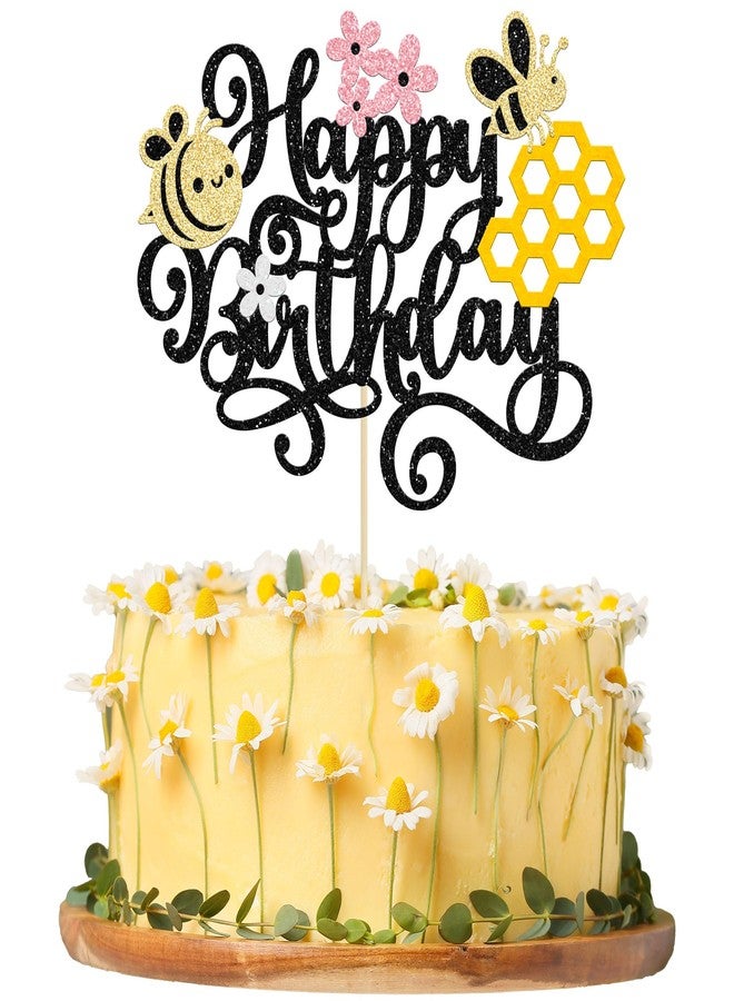 Ephlyn 1 Pack Happy Bee Day Cake Topper Bumble Bee Happy Birthday Cake Decoration for Bee Theme Baby Shower Kids Boys Girls Birthday Party Cake Decorations Supplies Black - Image 1